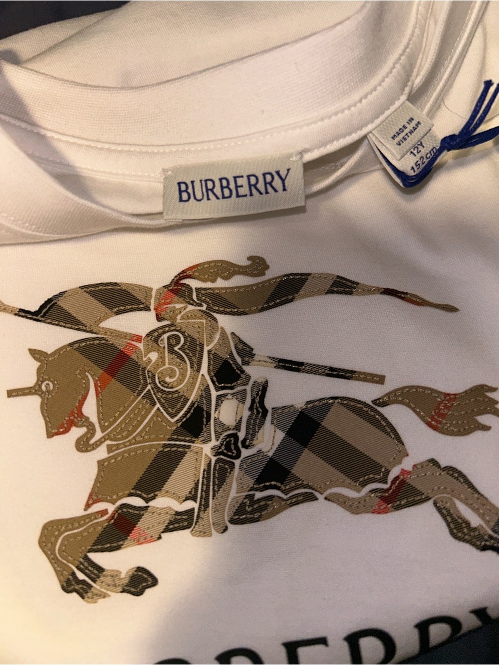 Burberry White T-Shirt with Beige Check Equestrian Logo Size 12y